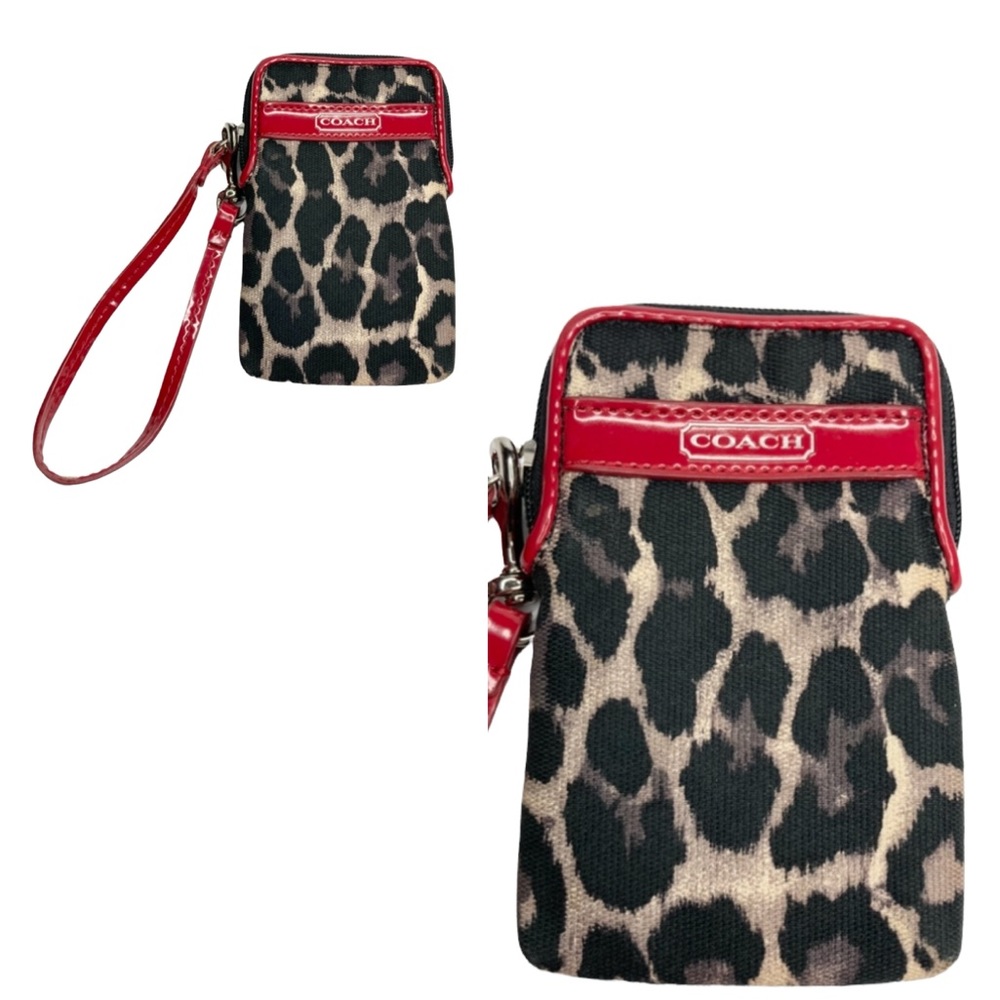 COACH Leopard Black & Red Patent Leather Phone & Card Wristlet Holder